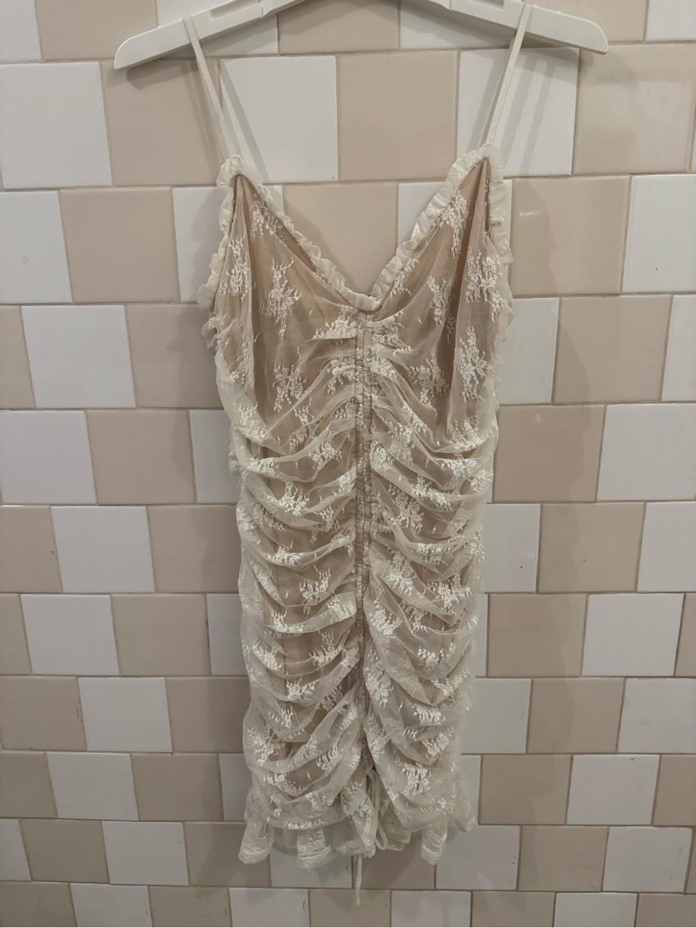 AKIRA Sheer Ivory Ruched Lace Mini Dress